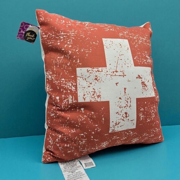 NEW Distressed Print 18x18" Throw Pillow Swiss Cross Flag Ski Patrol Life Guard - Picture 2 of 12
